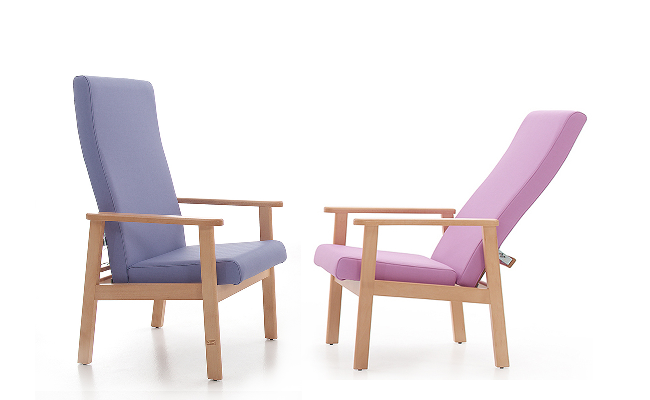 sillón de descanso geriatríco modelo domus relax reclinable morado y rosa